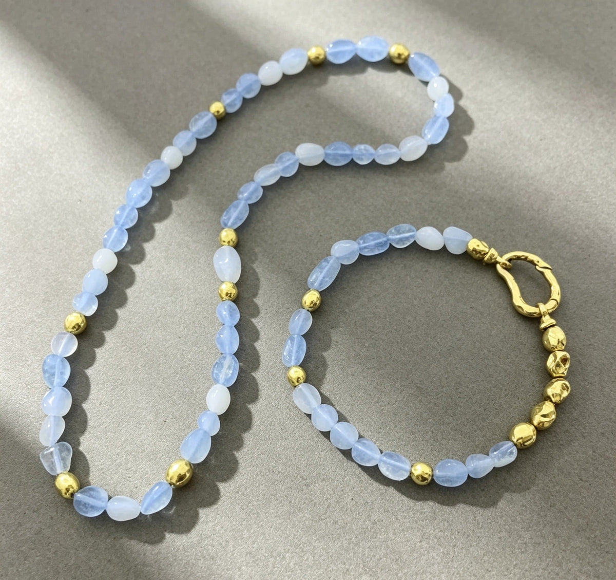Blue Sapphire Beaded Necklace Bracelet Set Gold Tone Women Vacuum Plated Elegant Fashion Jewelry Versatile
