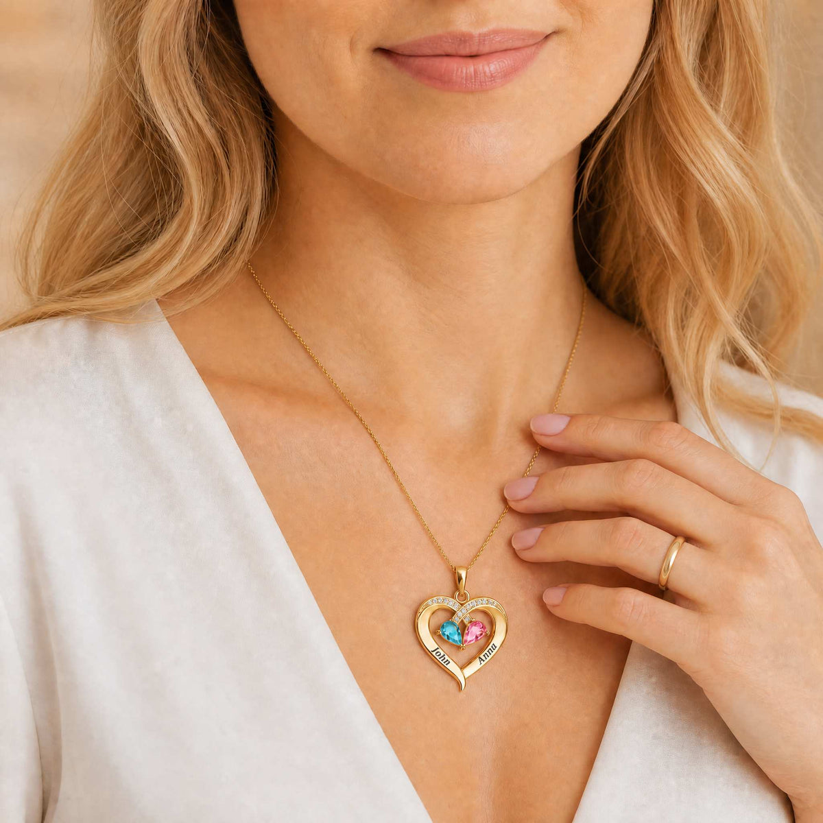 Elegant Double Name Heart Birthstone Necklace