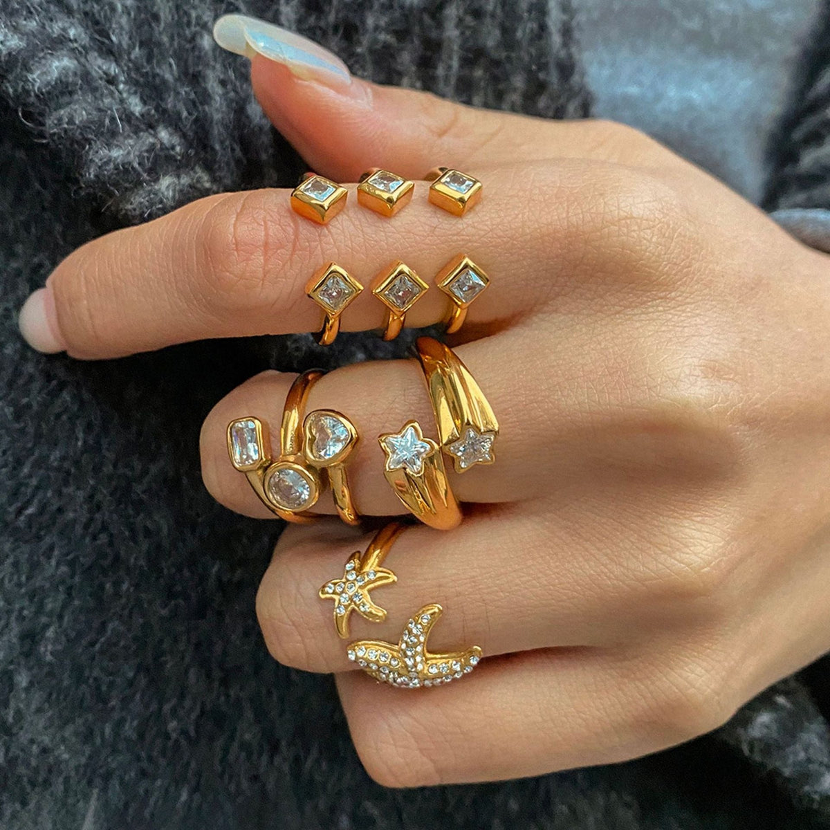 18K gold geometric inlaid gemstone design exquisite noble ring and earring set