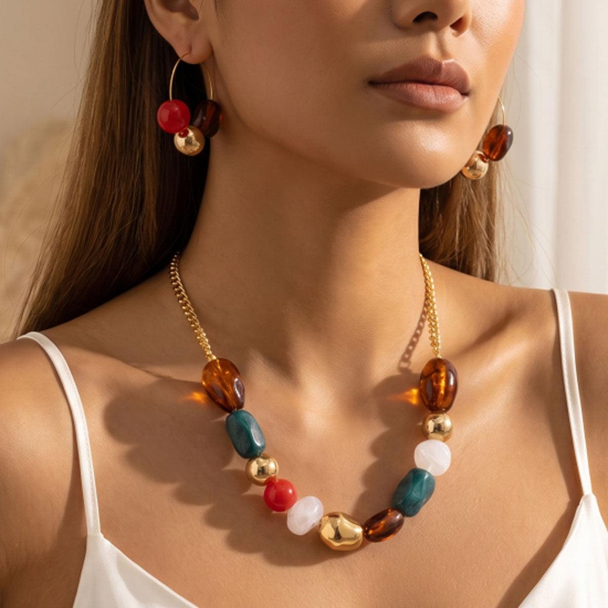 Women Vintage Multicolor Irregular Acrylic 2Pcs Jewelry Set, Chunky Gold Cuban Necklace Matching Hoop Drop Earrings Retro Fall Daily Gift
