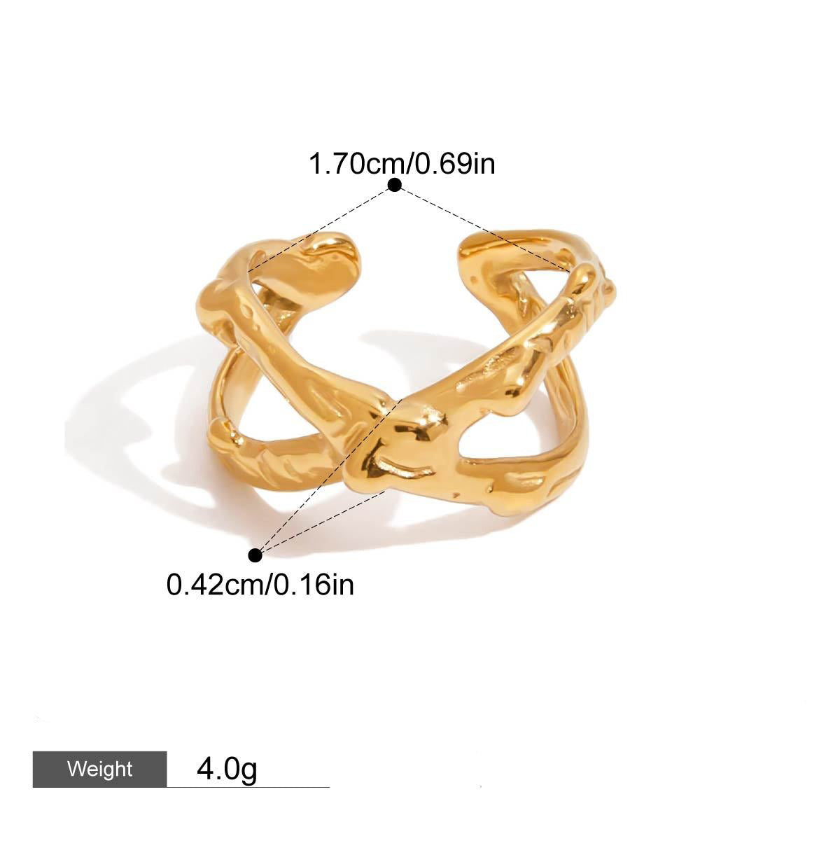 18K gold X-shaped ring with textured design, simple and personalized