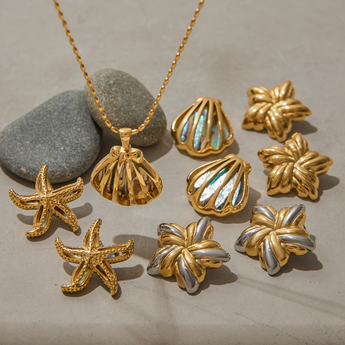 18K gold star/shell-shaped exquisite and noble earring necklace set
