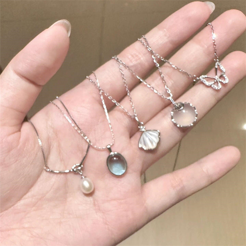Daily Versatile S925 Sterling Silver Aquamarine Butterfly Necklace For Women, Non-Fading, Niche, High-End, Accessible Luxury Clavicle Chain New