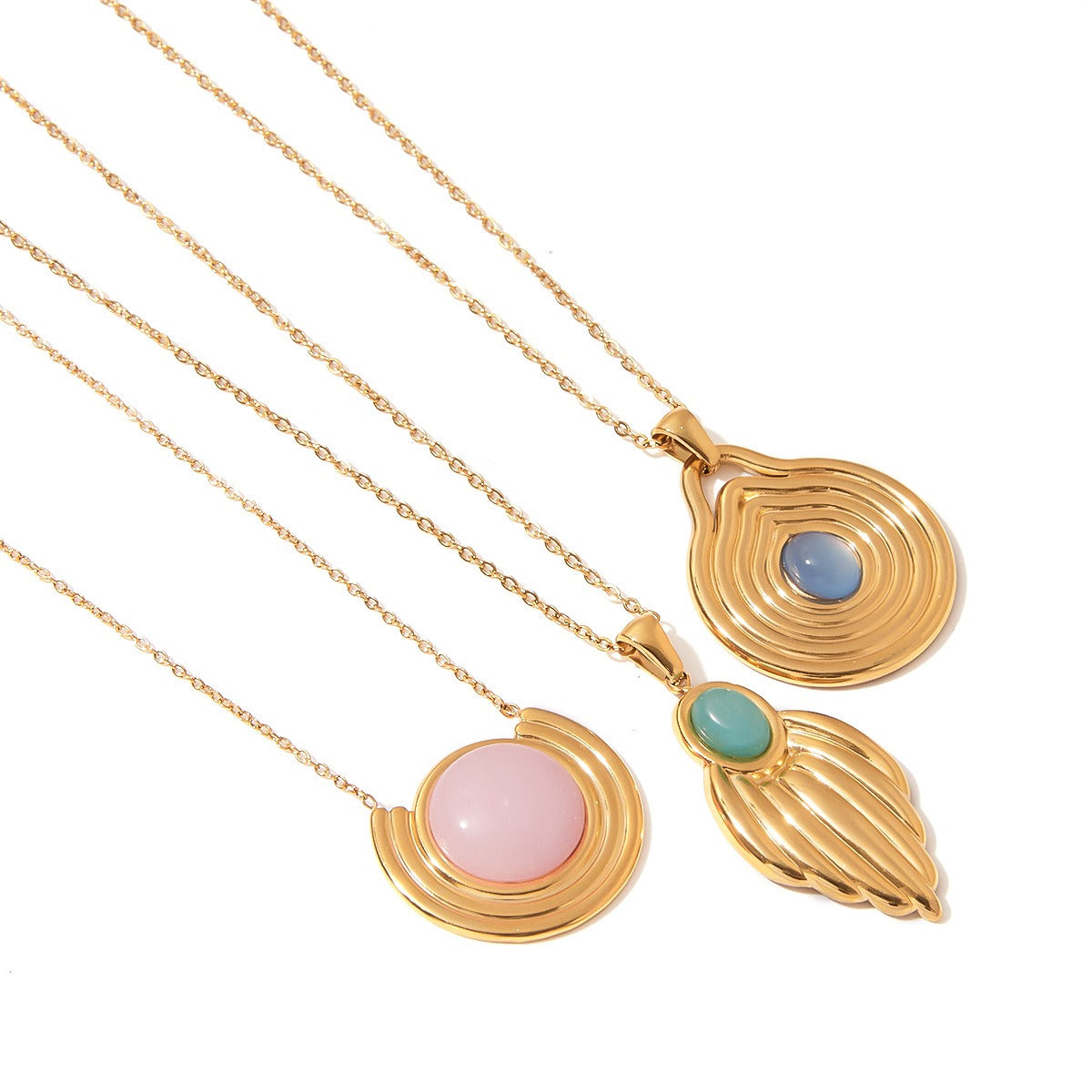 18K gold geometric inlaid gemstone with texture design classic fashion necklace
