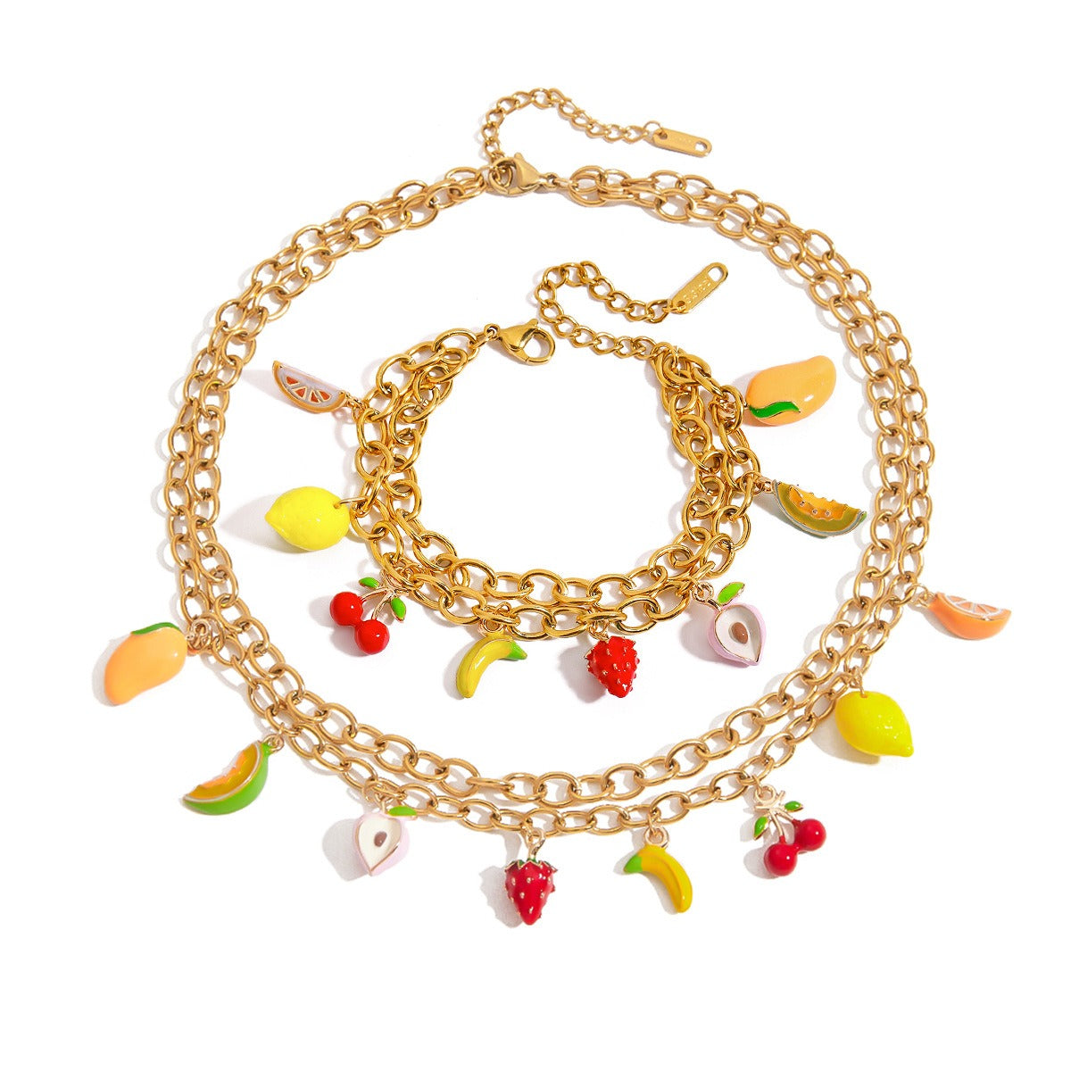 18K gold thick chain with fruit-shaped pendant design trendy and unique necklace, bracelet and earrings set