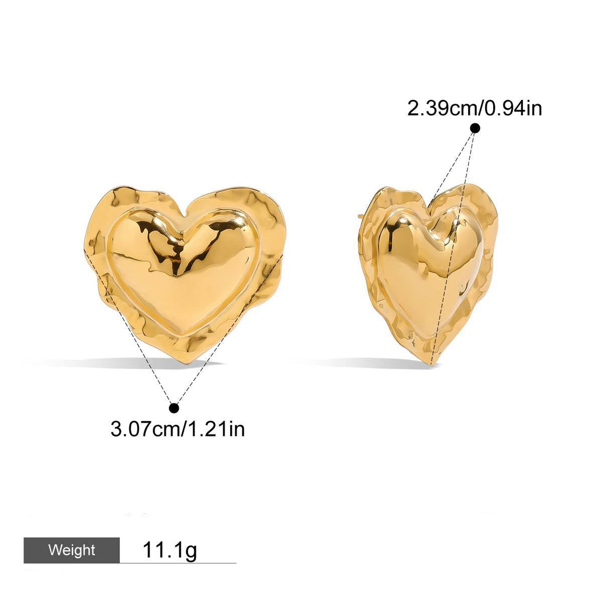 18K gold heart-shaped earrings and ring set with textured design