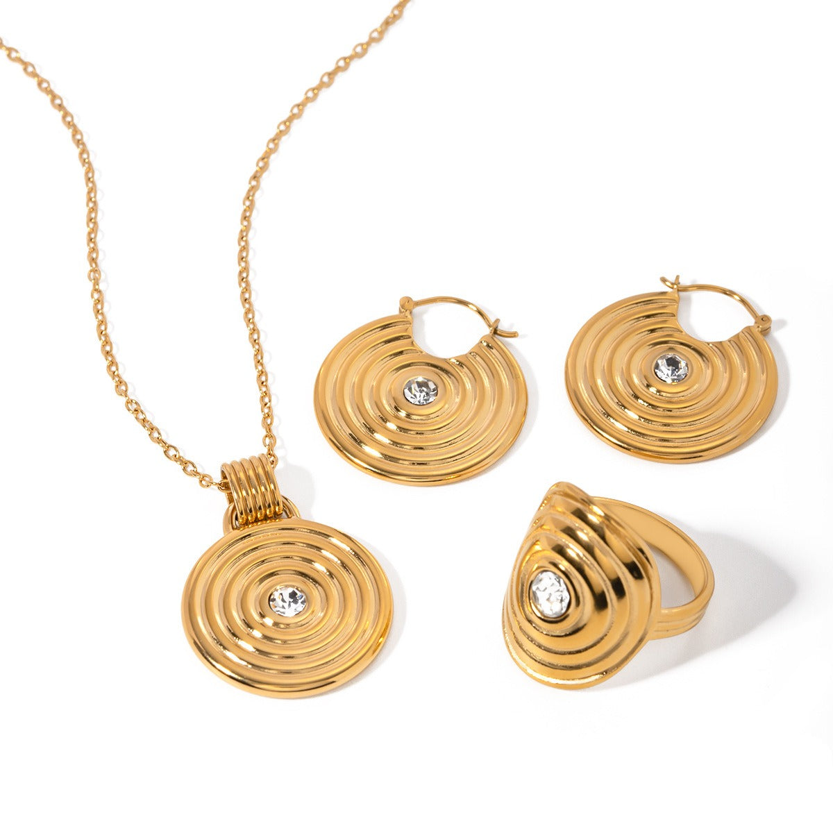 18K gold round with texture design simple and elegant necklace earrings ring set