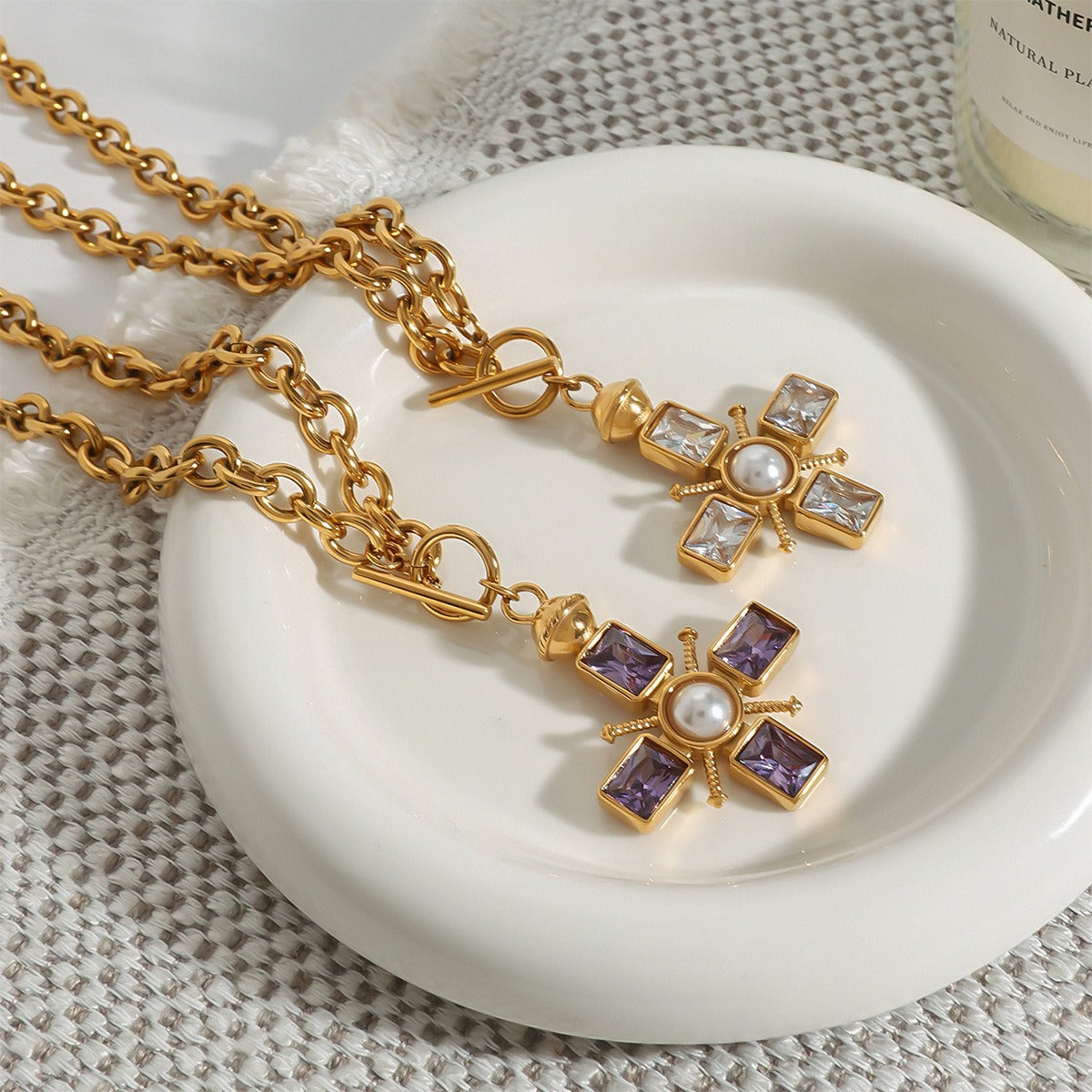 18K gold cross inlaid gemstone design high-end necklace ring set