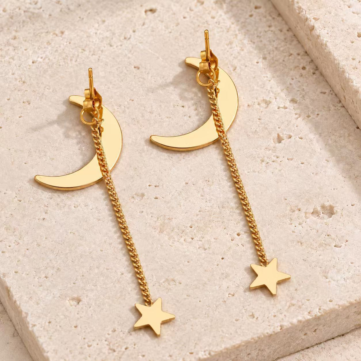 New Stainless Steel Tassel Earrings For Women, Minimalist Star Moon Stud Earrings, Fashion High-End Colorfast Ear Jewelry