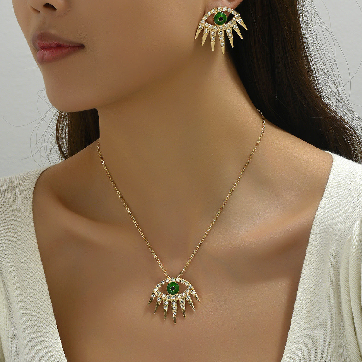 Fashion Commuter Women's Earrings Necklace Suit Diamond-encrusted Devil's Eye Earrings Niche Design Long Chain All-match
