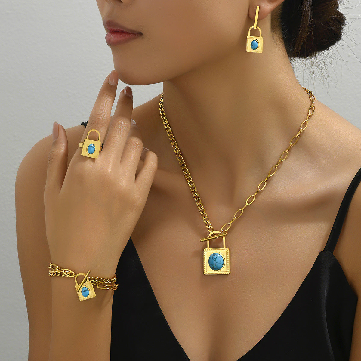 Simple Hip-hop Women's Bracelet Earrings Suit Distinctive Inlaid Turquoise Lock Niche Design Long Necklace