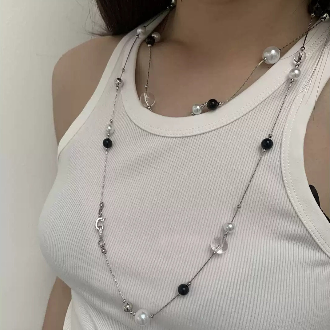 Minimalist Black And White Crystal And Pearl Necklace