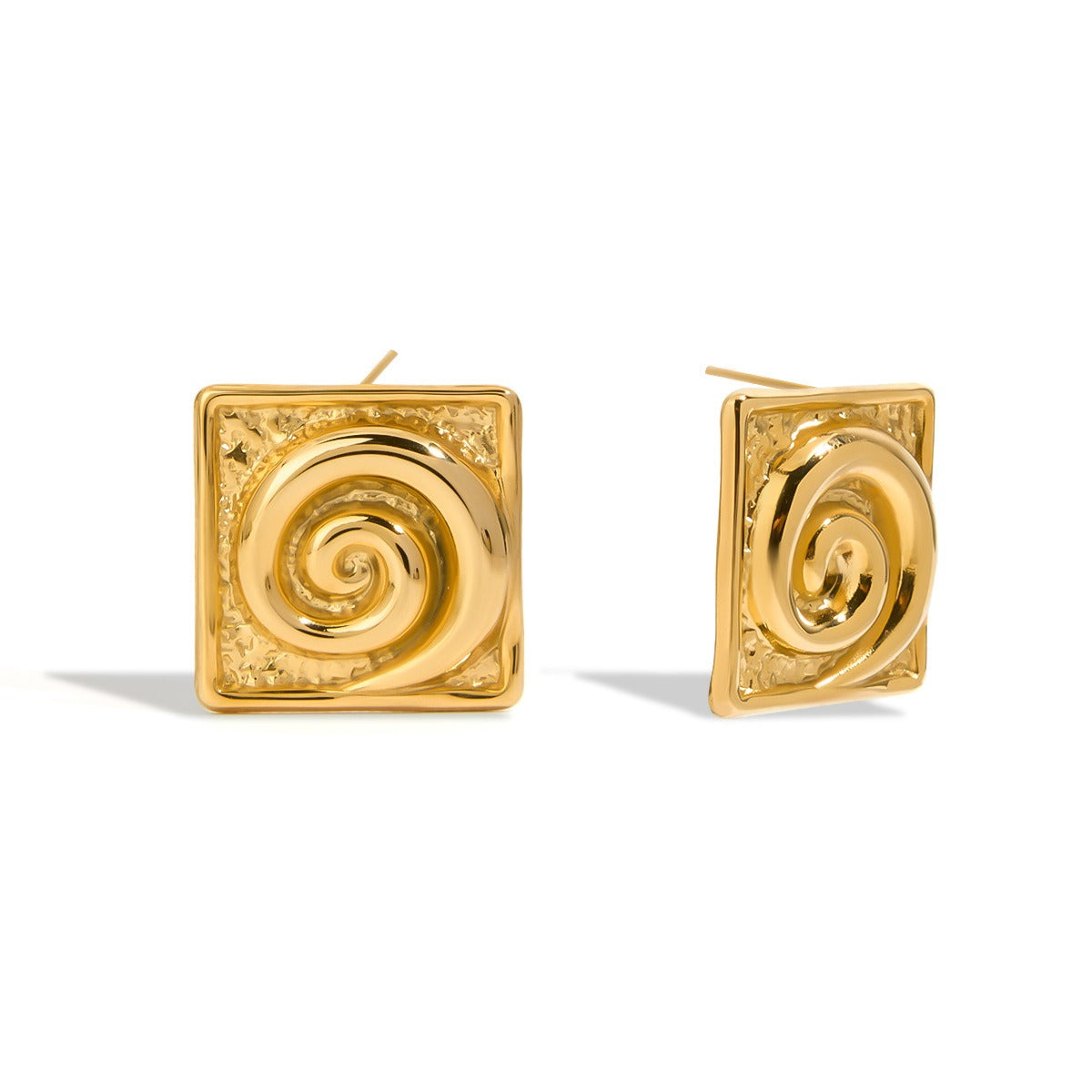 18K gold square with spiral pattern design simple and unique earrings