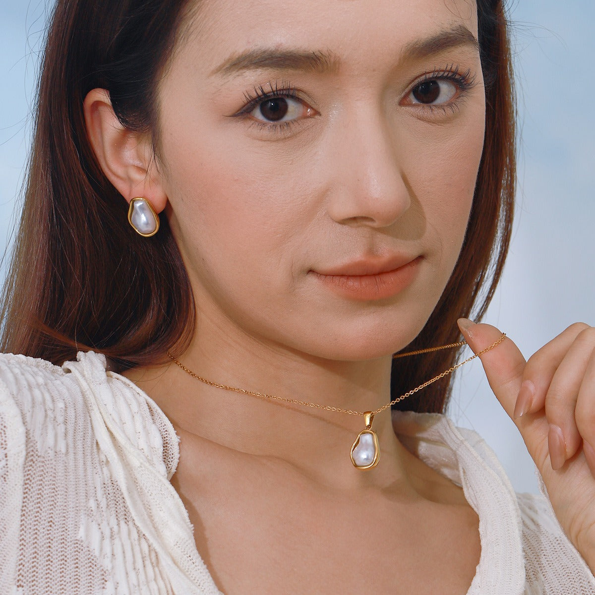 18K gold inlaid irregular pearls exquisite design noble necklace earrings ring set