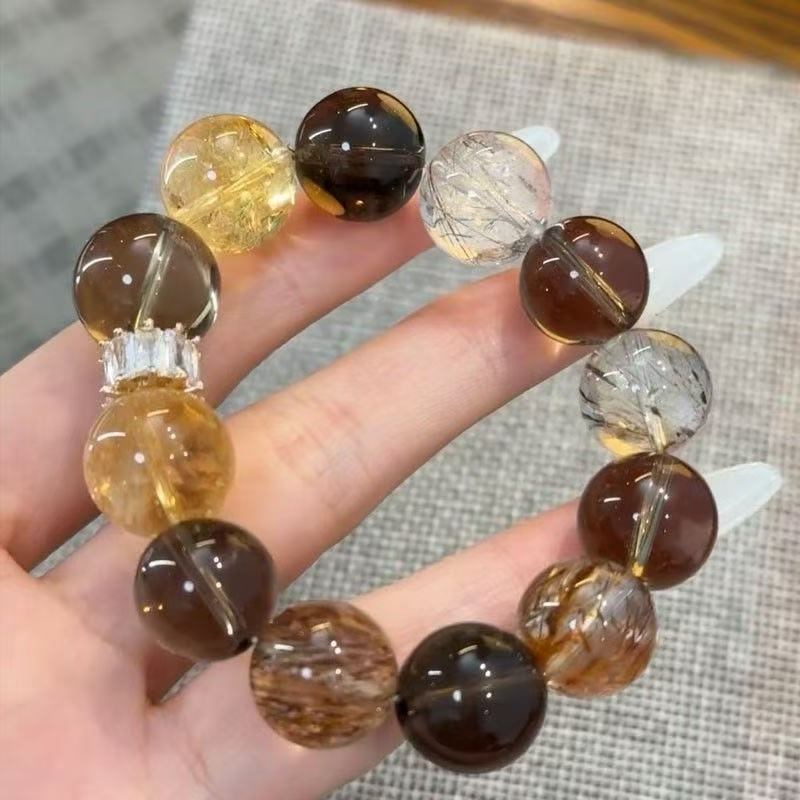 Natural Smoky Quartz Clear Quartz Bracelet Two Tone Beaded Chain Unisex Energy Jewelry