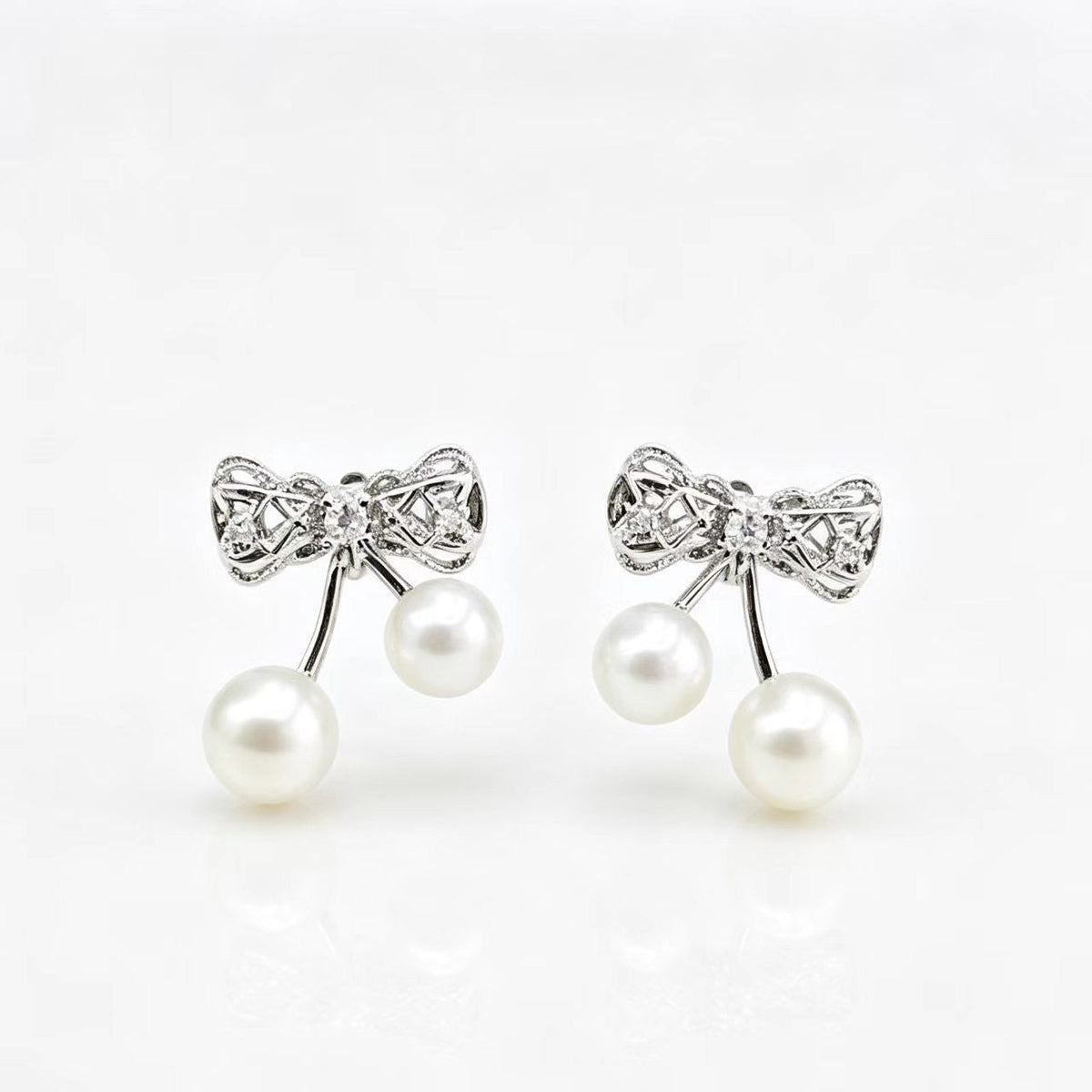 Bow-knot Diamond-studded Pearl Womens Earrings