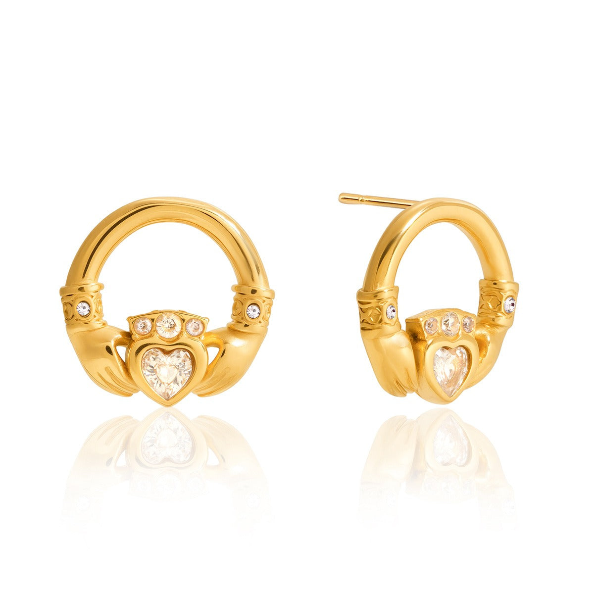18K gold-plated friendship hand design titanium steel stud earrings with cubic zirconia.