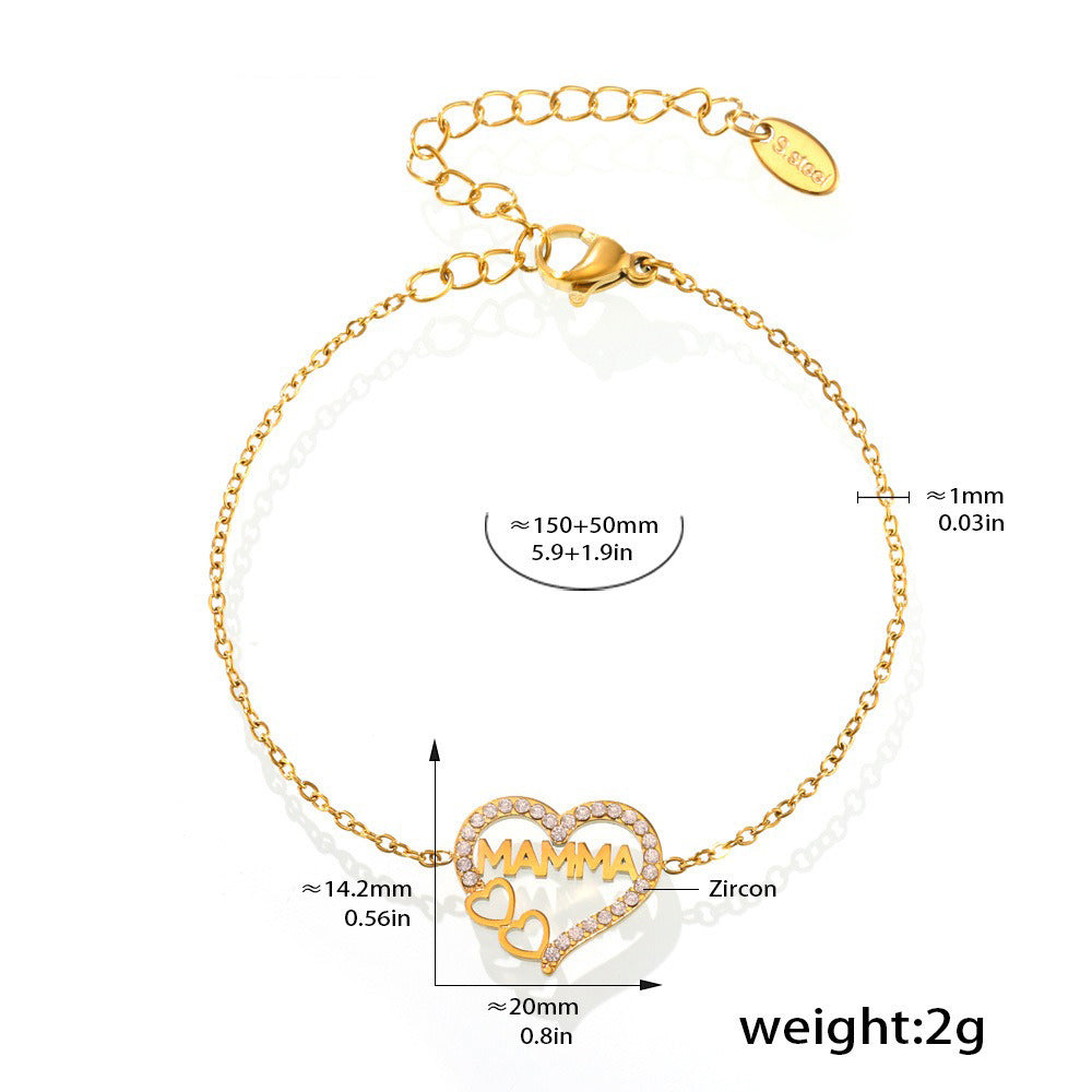 18K gold hollow heart with letter MAMMA design light luxury noble bracelet