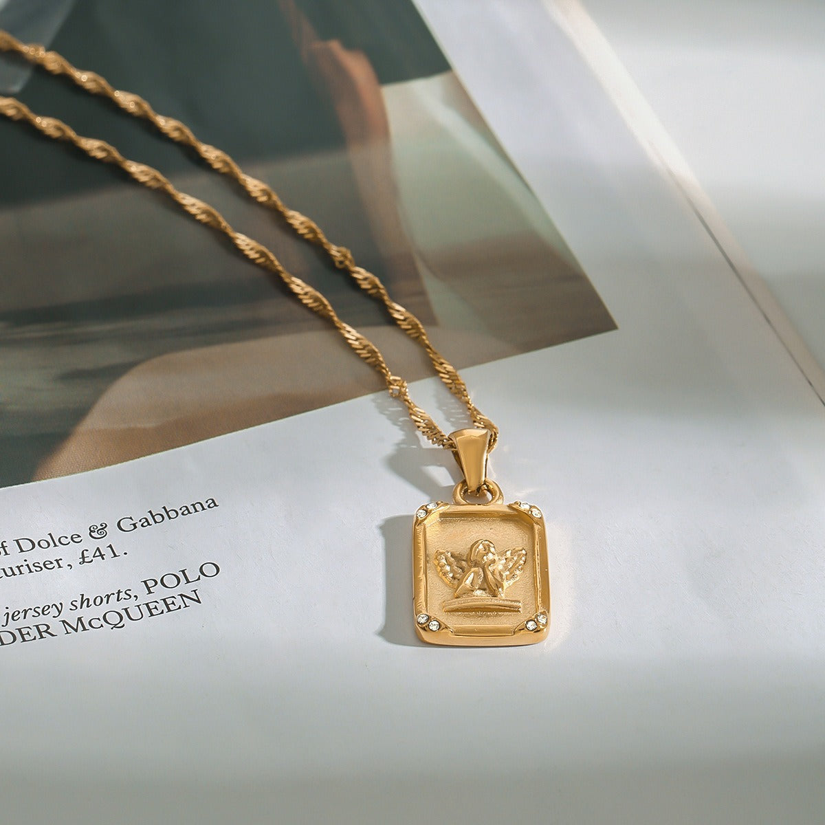 18K gold rectangular necklace with angel pattern design classic fashion necklace