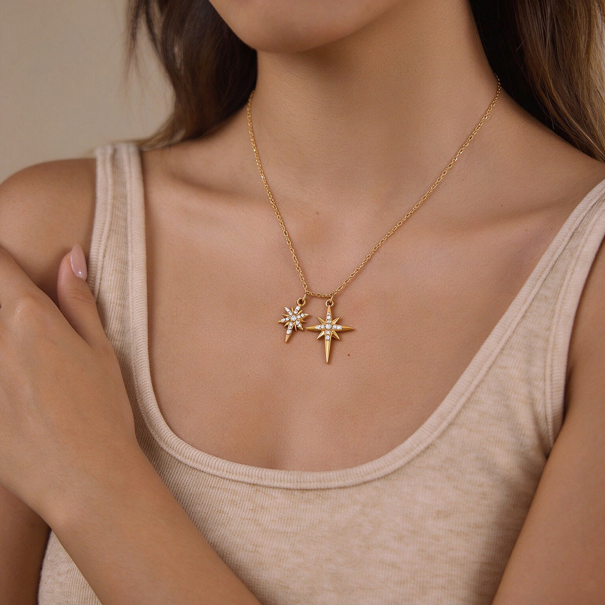 European American Stainless Steel Necklace For Women, Light Luxury Niche Colorfast 8-Pointed Star Neck Jewelry, Wholesale Titanium Steel Accessory
