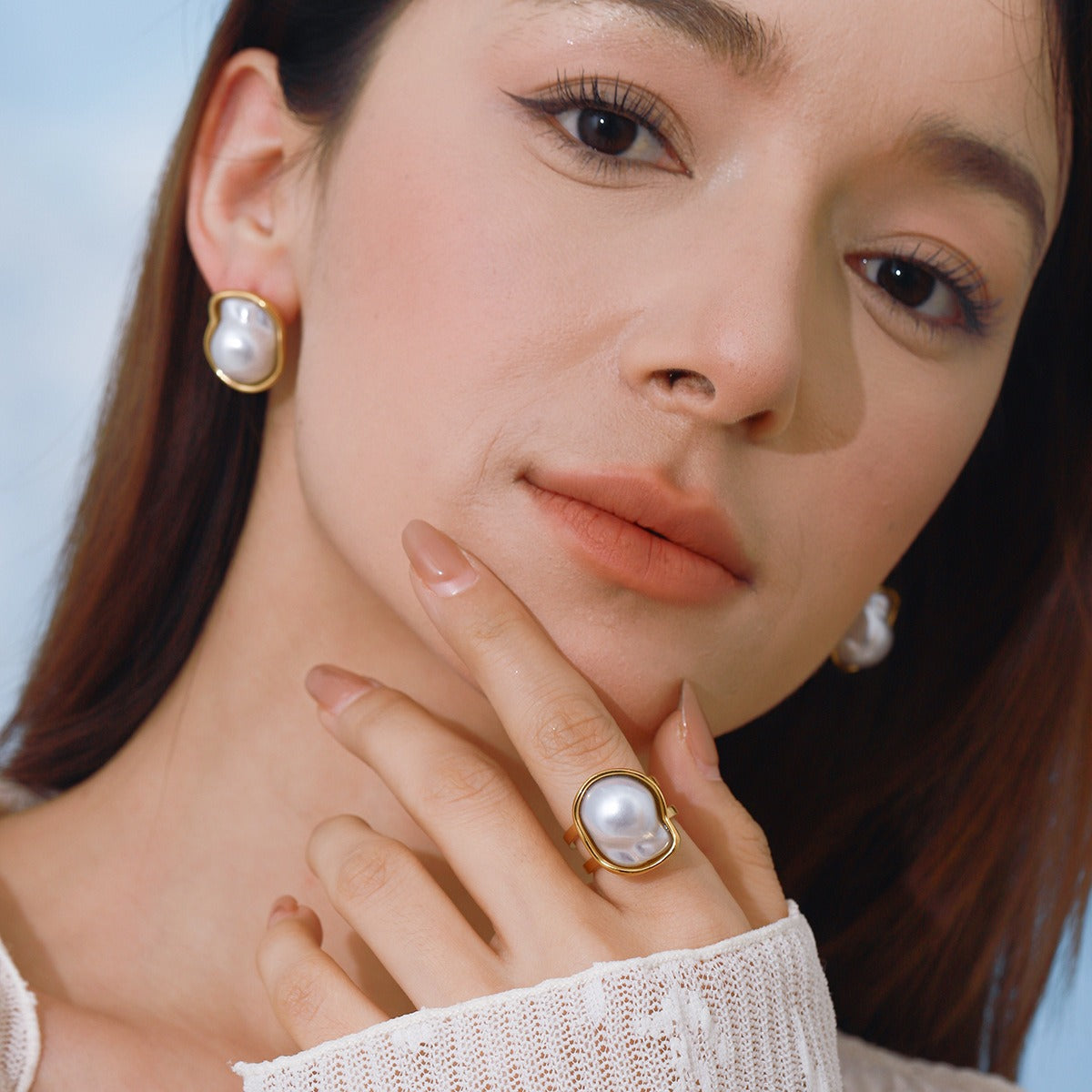 18K gold geometric inlaid pearls exquisite design noble earrings ring necklace set