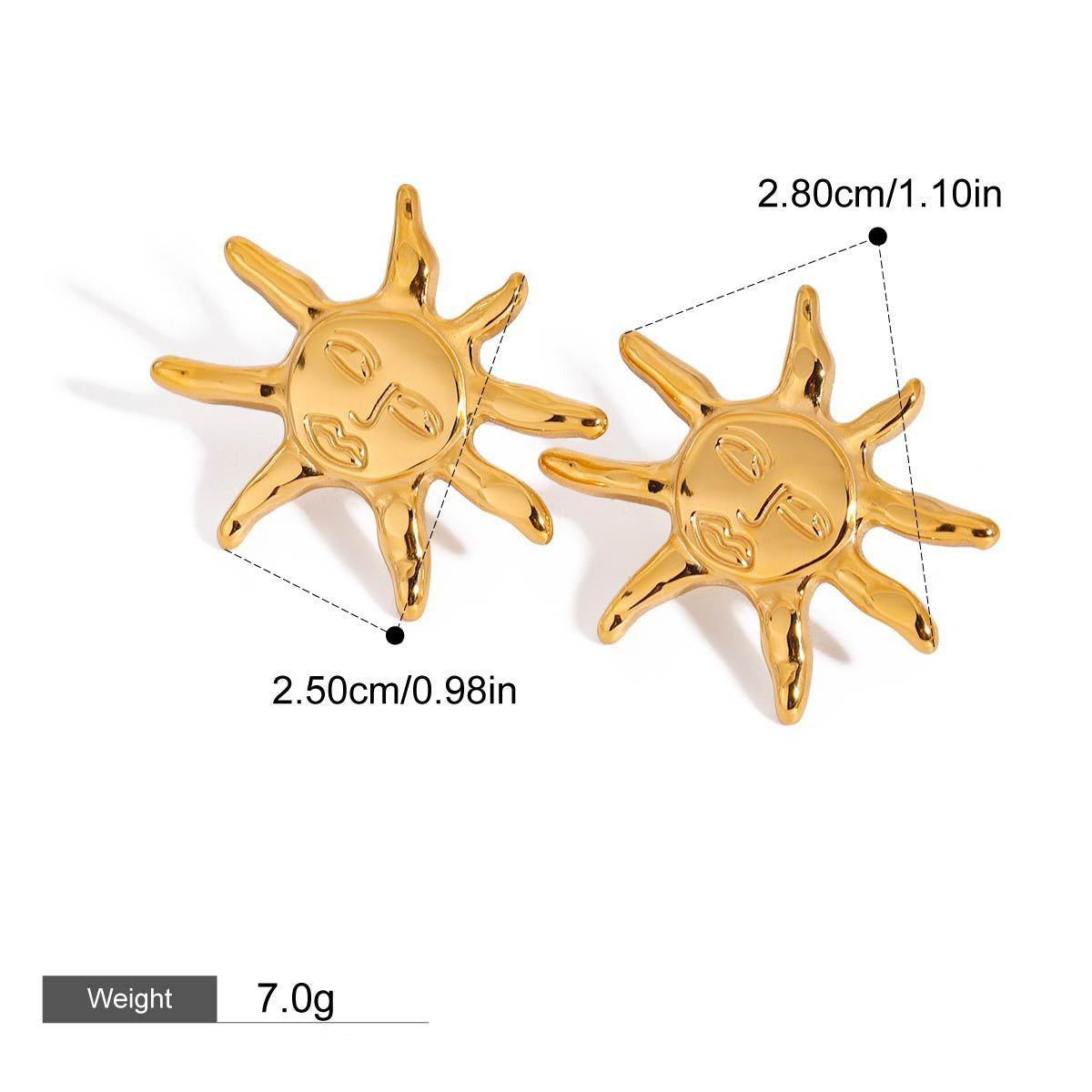 18K gold sun-shaped earrings and necklace set with exaggerated facial features