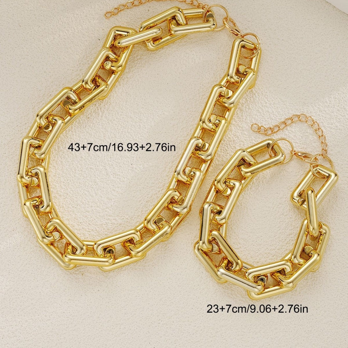 Geometric rectangular chunky chain bracelet and necklace set