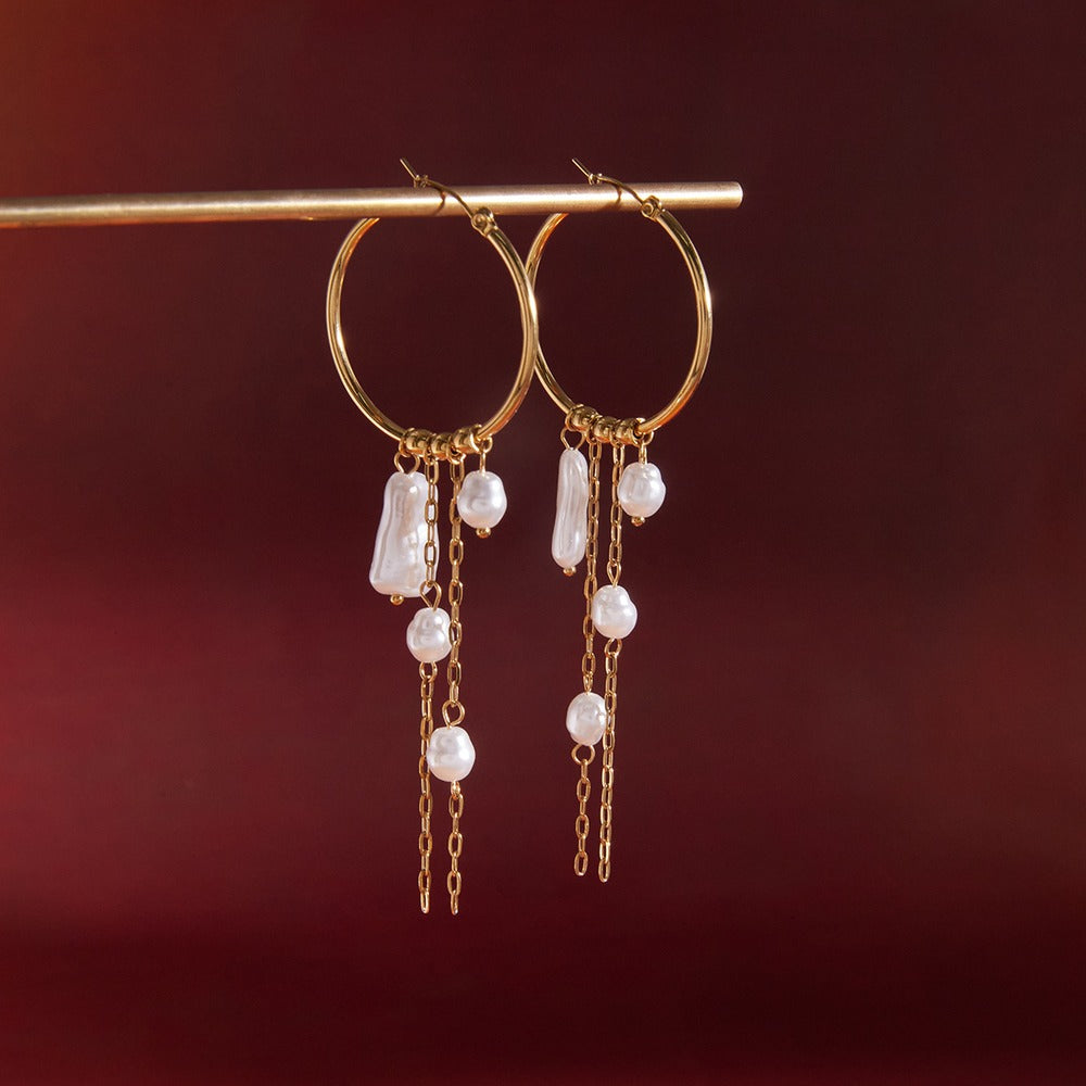 Pearl Tassel Hoop Earrings