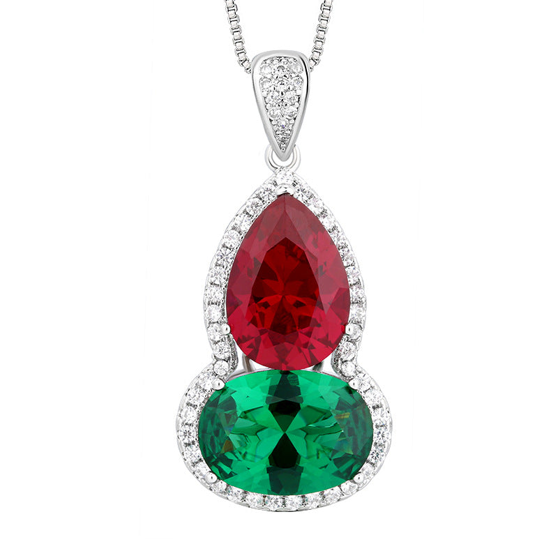 Luxury Gourd Shape Crystal Pendant Necklace For Women Micro Paved Zircon Lucky Hu Lu Colored Gemstone Choker Necklace Elegant Silver Plated Clavicle Chain Jewelry Gift