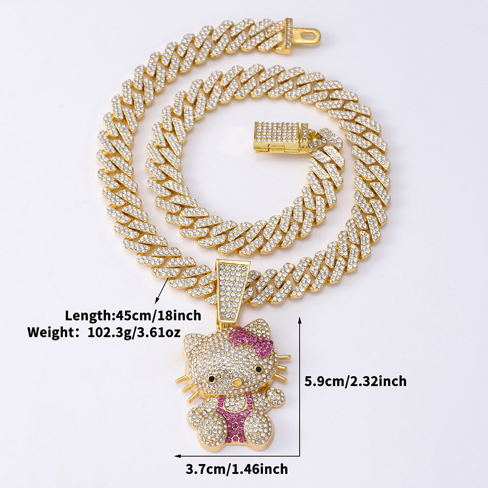3D Animal Cat Pendant Zinc Alloy Full Diamond Enamel Hip-Hop Style Cuban Chain Necklace Lion Necklace