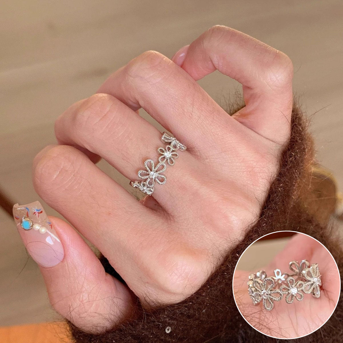 High Sense Star Open Ring For Women, INS Niche Brushed Texture Luxury Adjustable Index Finger Statement Ring