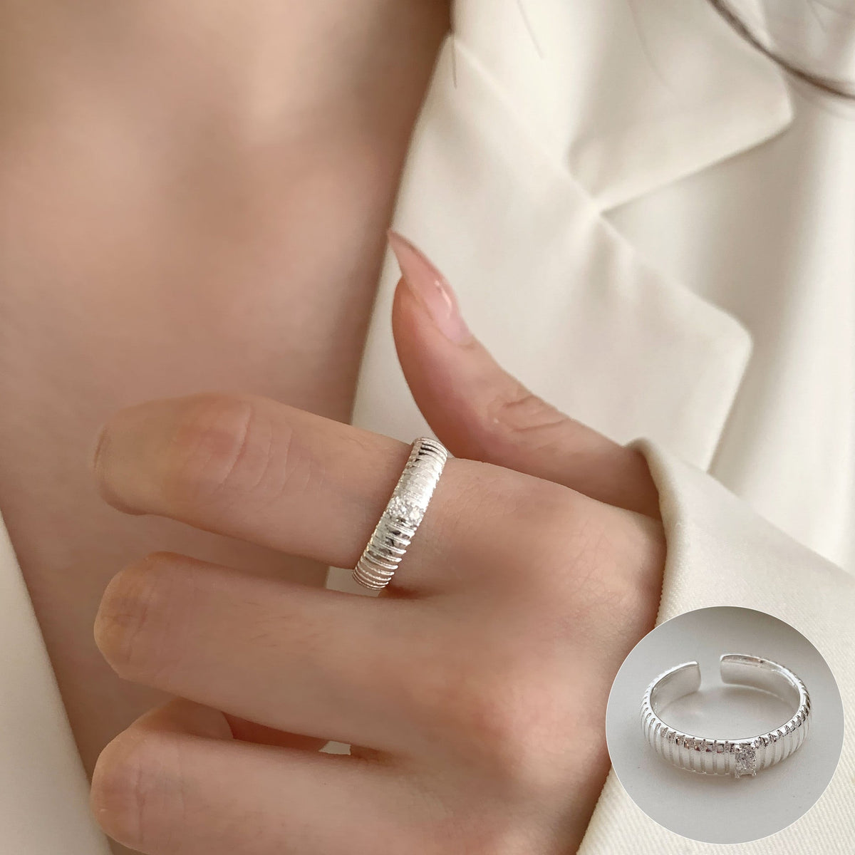 High Sense Star Open Ring For Women, INS Niche Brushed Texture Luxury Adjustable Index Finger Statement Ring