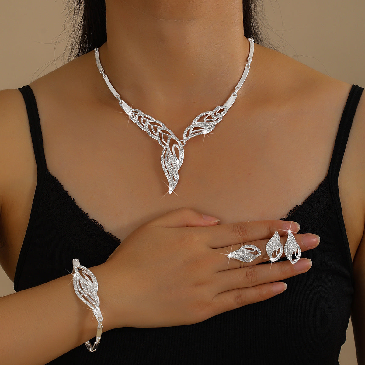 Factory Supply Direct Sales European And American Hot Selling Women's Alloy Rhinestone Necklace Jewelry Set Bridal Wedding Banquet Jewelry