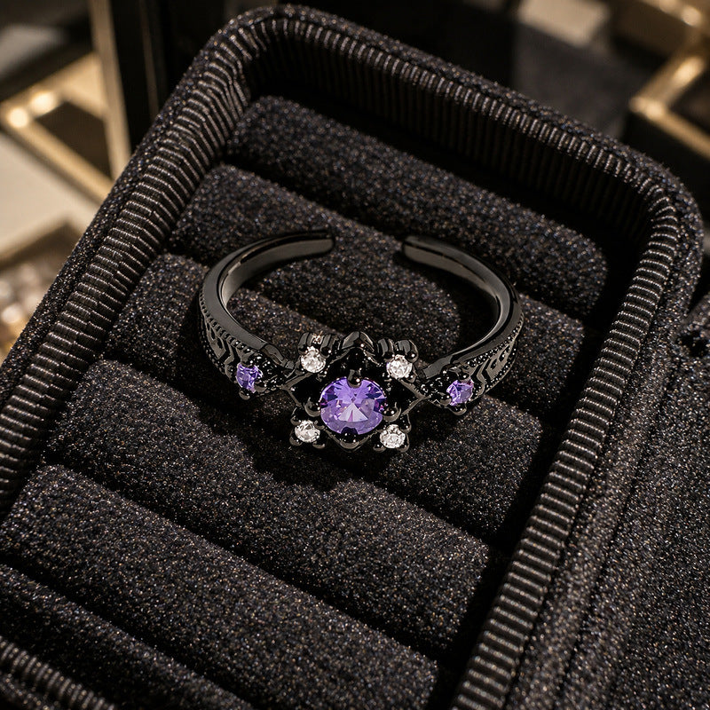 Wholesale Black Gun Tone Purple Cubic Zirconia Open Ring For Women, Niche High-End Retro Gothic Dark Style Finger Jewelry