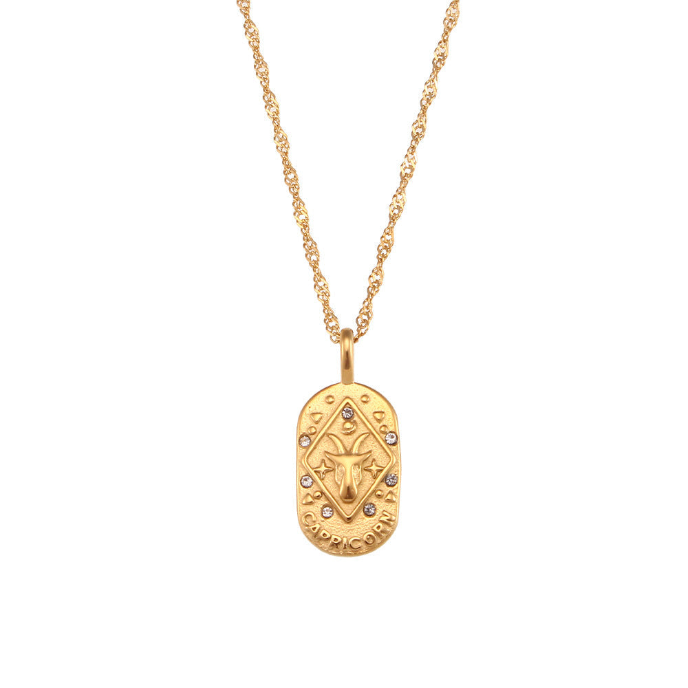 European And American Ins Fashion Minimalist Retro Pendant Jewelry Stainless Steel Cast Oval Brand Zircon Constellation Necklace