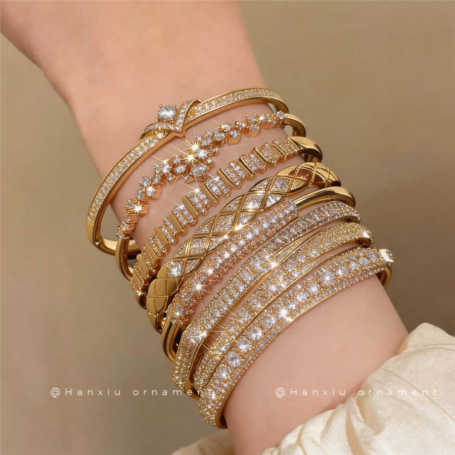 Super Sparkling INS Style Inlaid Zircon Open Bangle For Women, Fashion Light Luxury High Sense Korean Trendy Design Wrist Jewelry