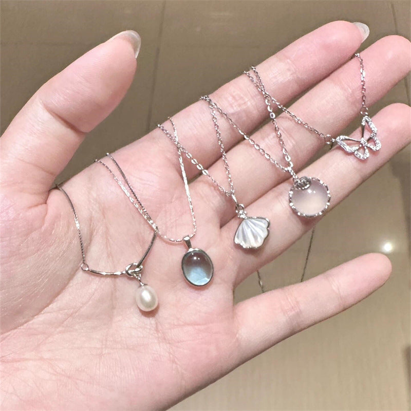 Daily Versatile S925 Sterling Silver Aquamarine Butterfly Necklace For Women, Non-Fading, Niche, High-End, Accessible Luxury Clavicle Chain New
