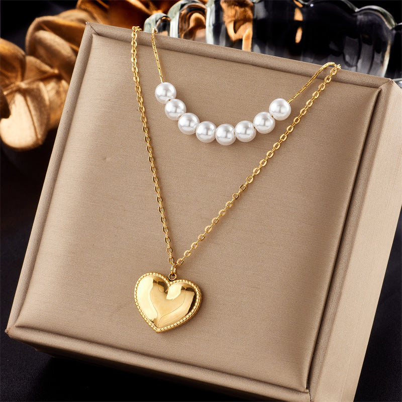 European And American Retro Butterfly Pearl Double-Layered Necklace For Women, Cross-Border Light Luxury Niche Stainless Steel Gold-Plated Jewelry Necklace