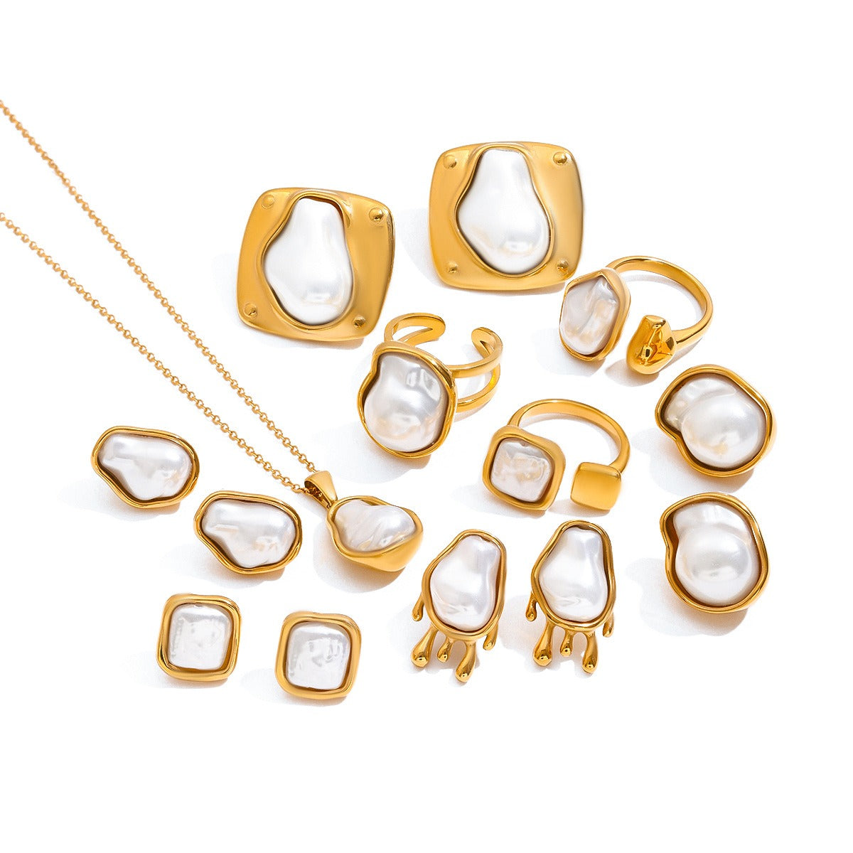 18K gold inlaid irregular pearls exquisite design noble necklace earrings ring set