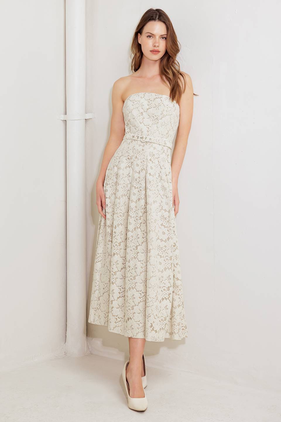 NATURAL STORYLINE WOVEN LACE MIDI DRESS