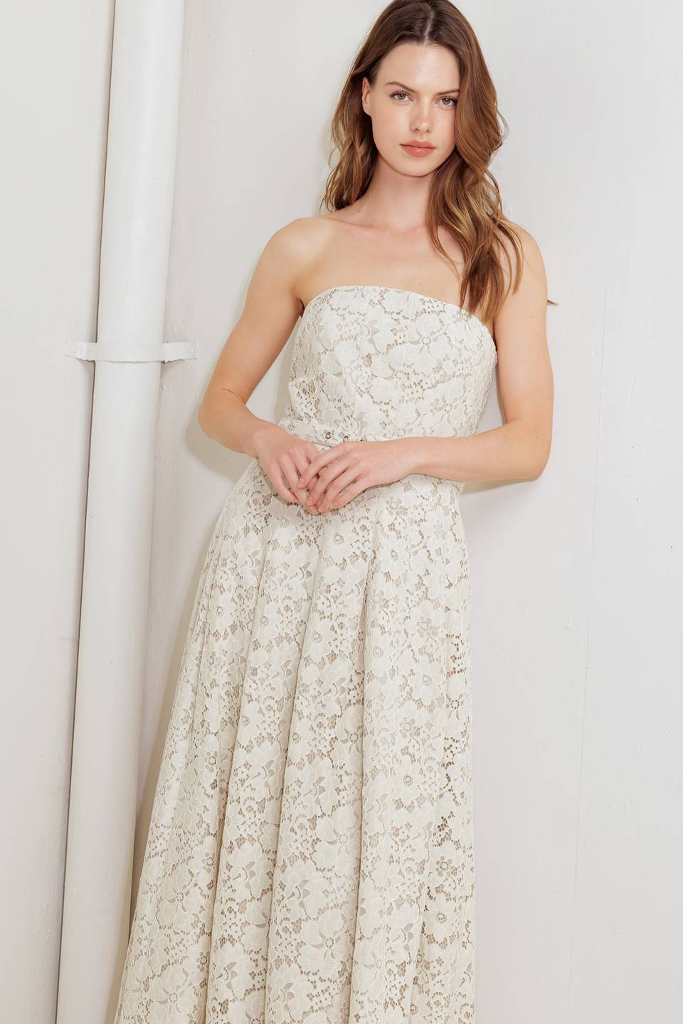 NATURAL STORYLINE WOVEN LACE MIDI DRESS