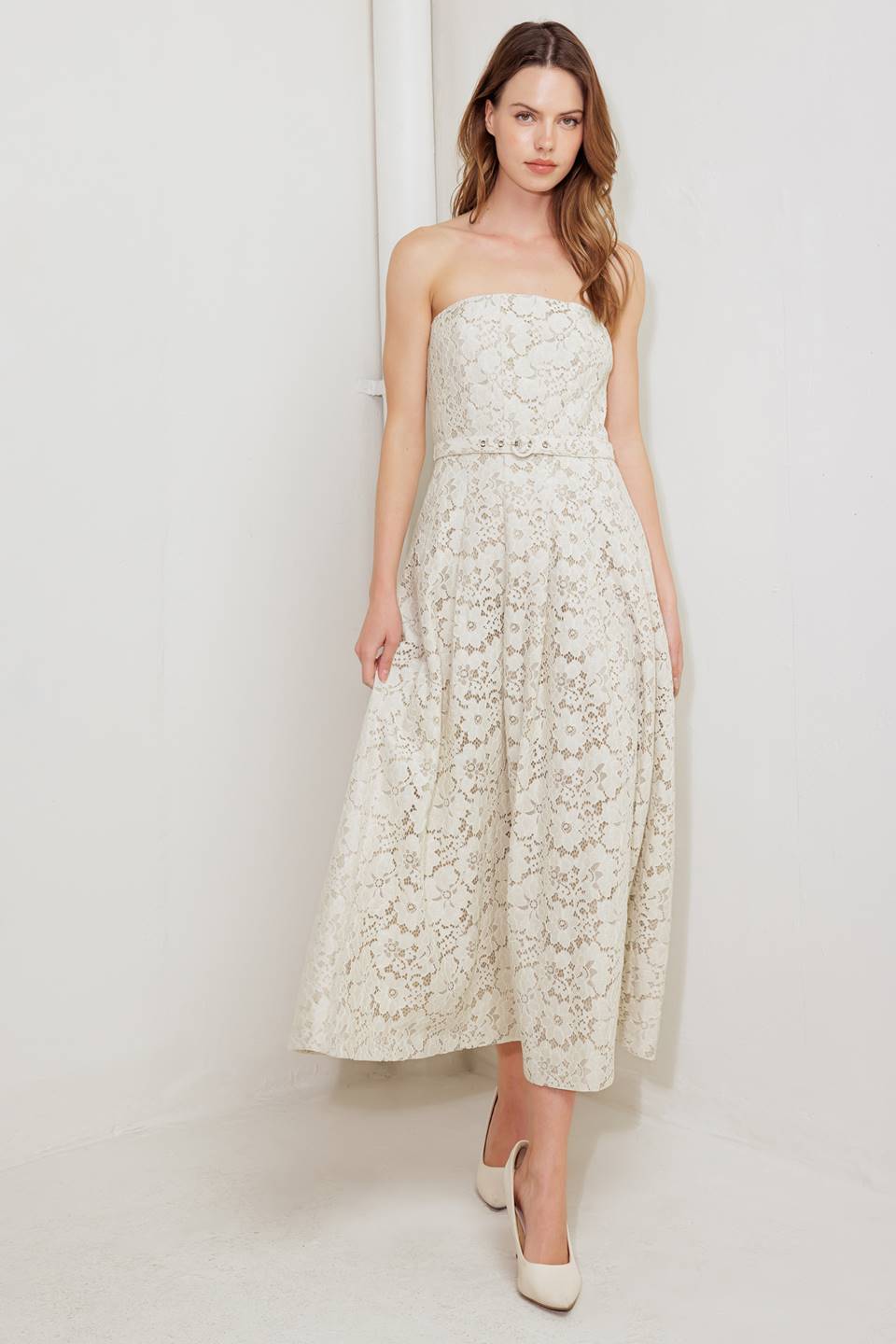 NATURAL STORYLINE WOVEN LACE MIDI DRESS