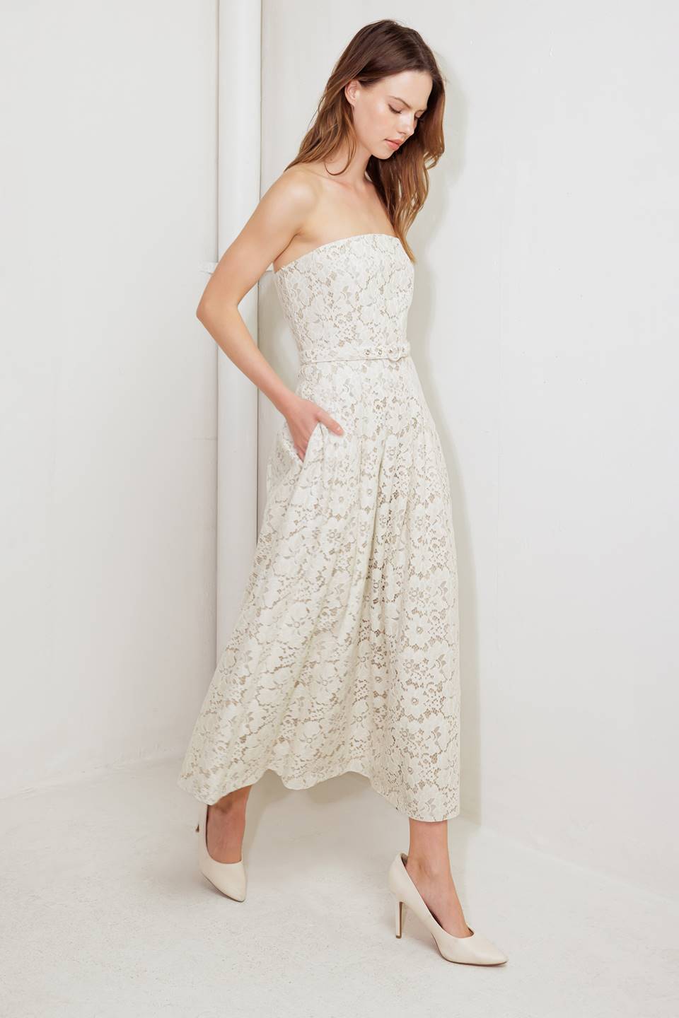 NATURAL STORYLINE WOVEN LACE MIDI DRESS