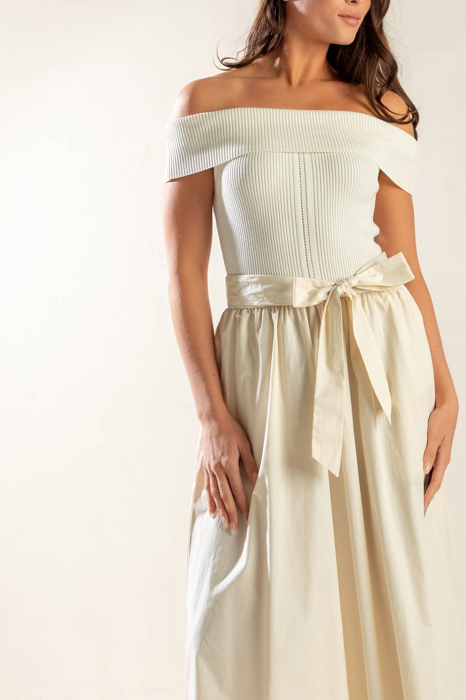 SOCIAL SEASON OFF SHOULDER MIDI DRESS