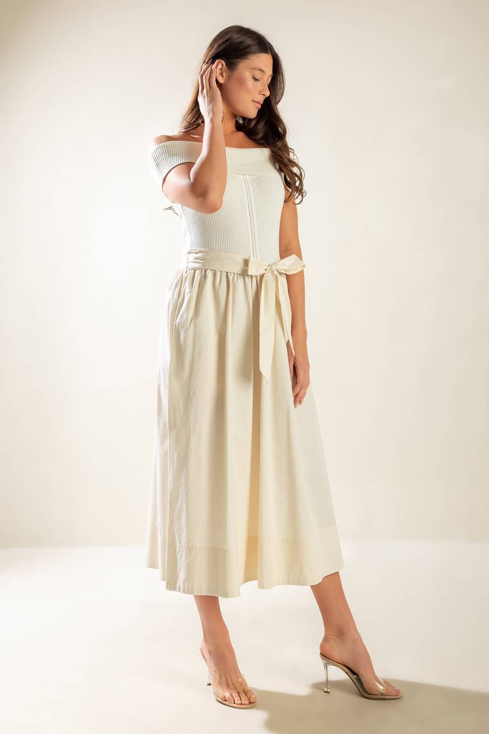 SOCIAL SEASON OFF SHOULDER MIDI DRESS
