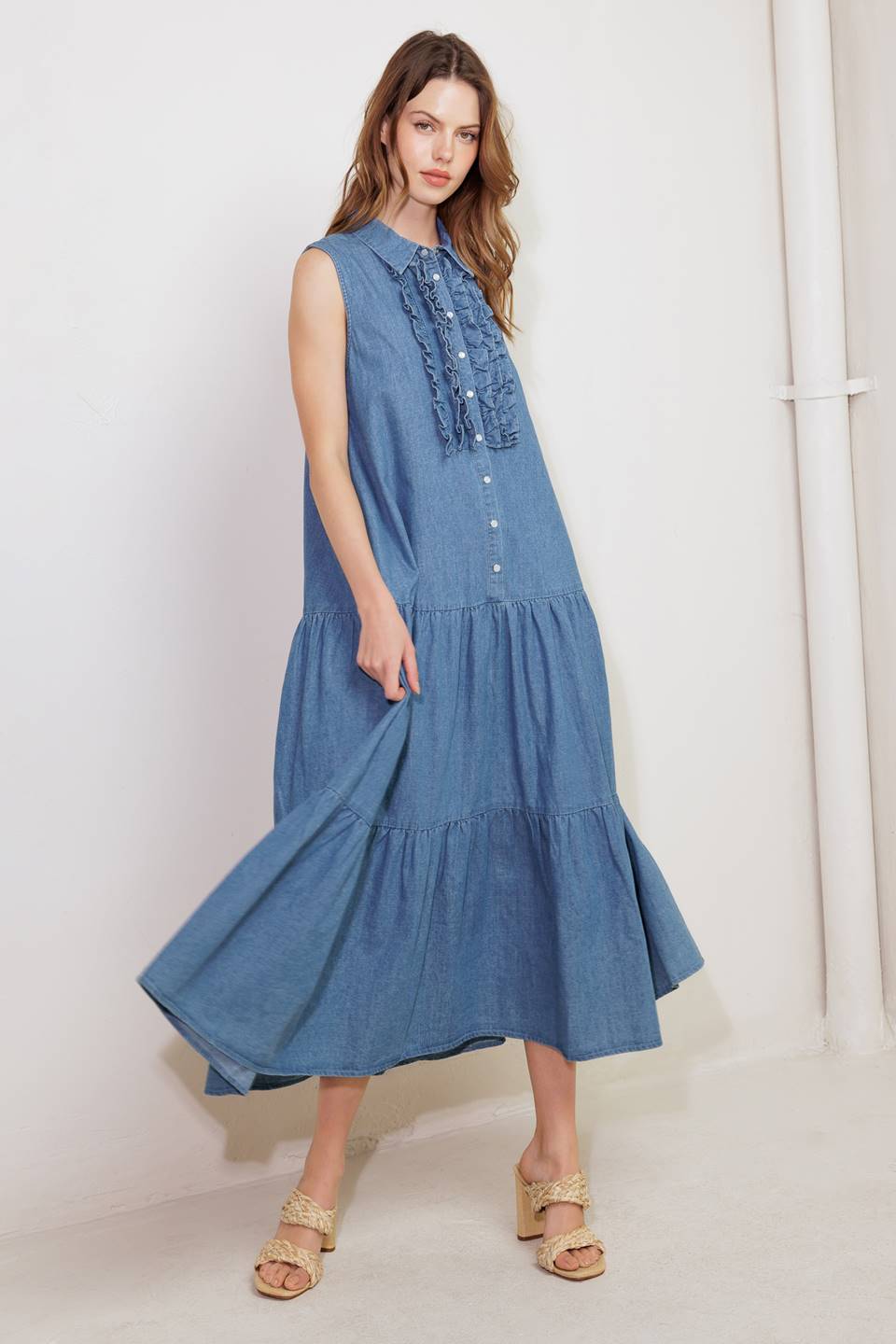 PETALS FALLING SLOWLY DENIM MIDI DRESS