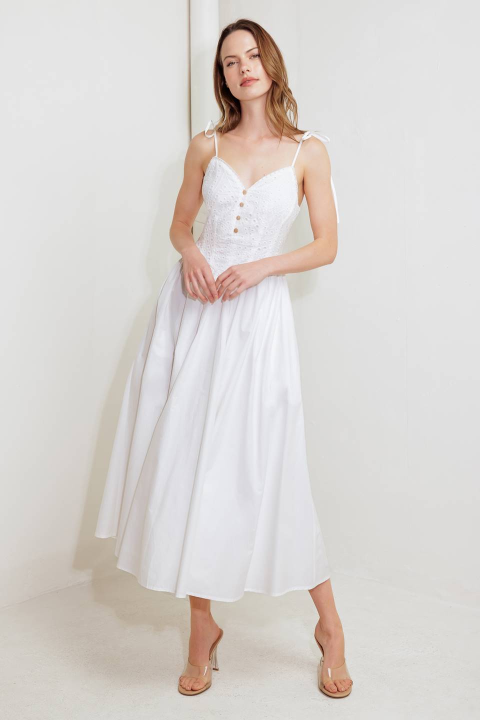 SUNDAY PETALS WHITE WOVEN MIDI DRESS