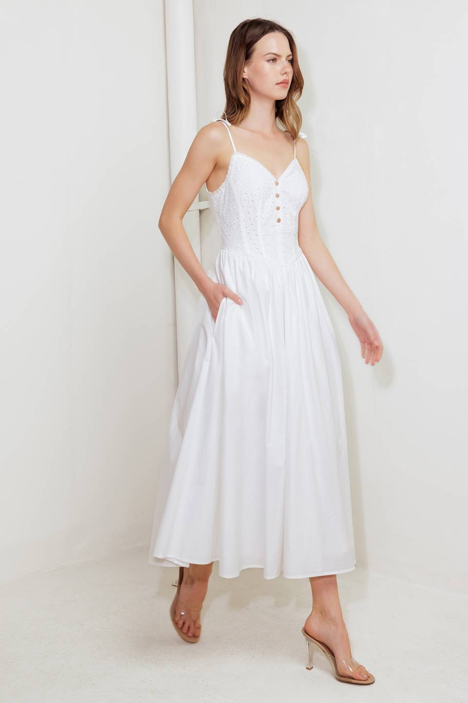 SUNDAY PETALS WHITE WOVEN MIDI DRESS
