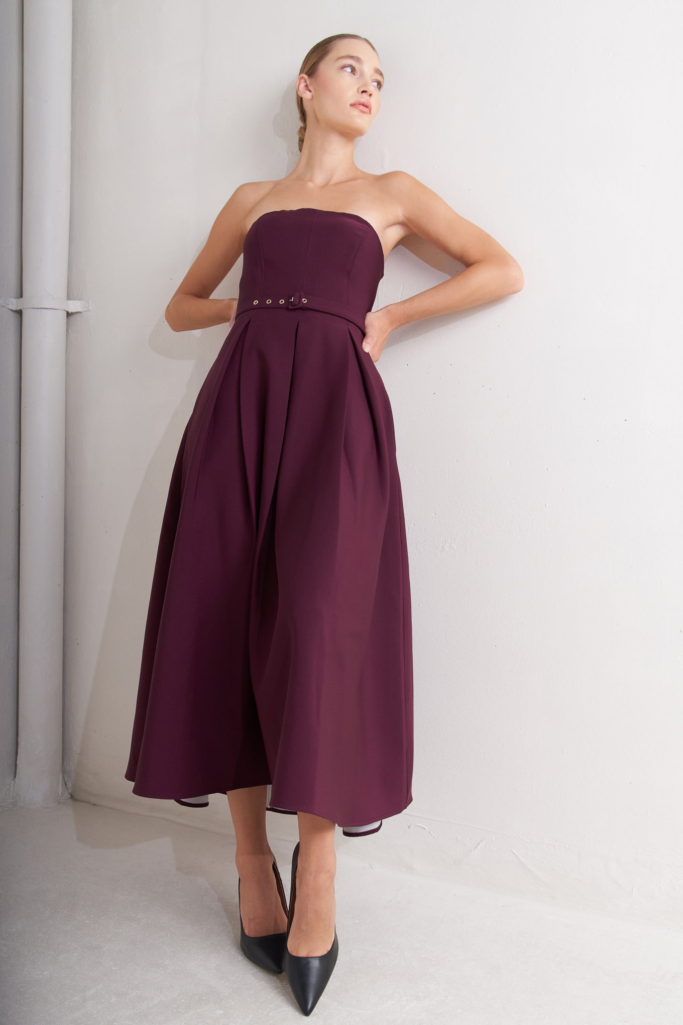 OPERA WINE WOVEN MIDI DRESS