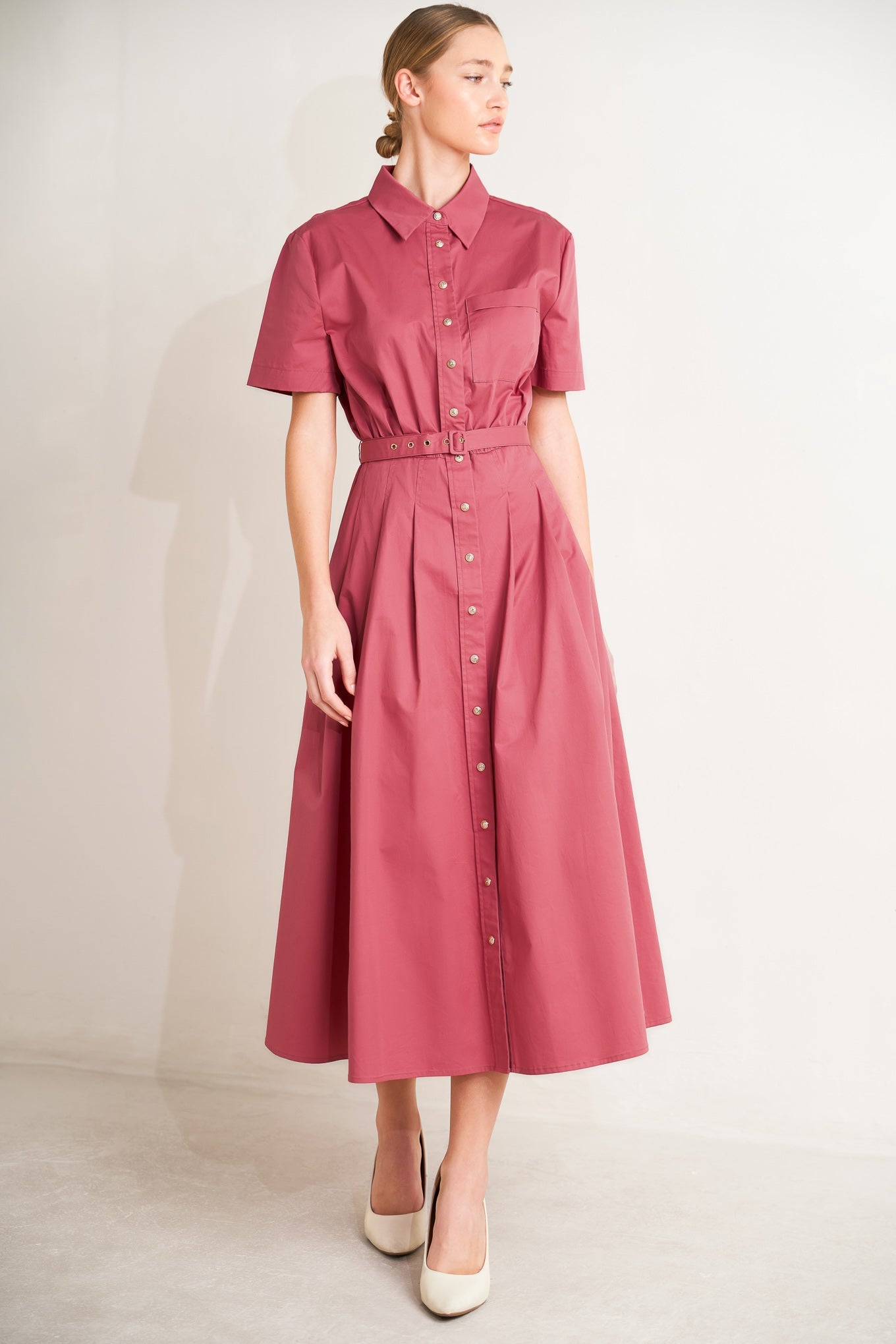 CINCHED COUTURE WOVEN MIDI DRESS